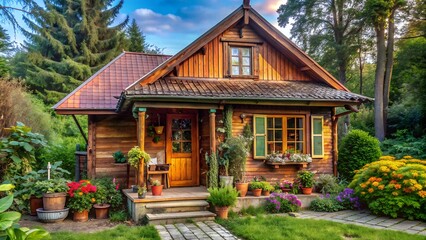 Fototapeta premium Small wooden cabin nestled in a lush green forest with vibrant flowers