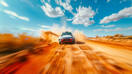 Fototapeta premium Rally car drives at high speed through a desert road, background is blurred