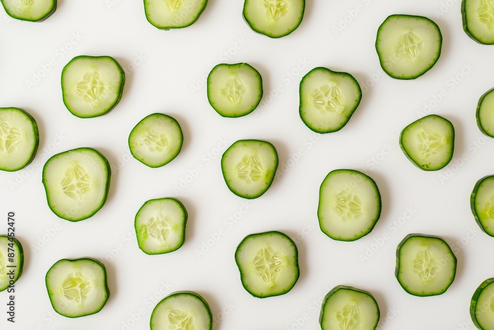 Poster pattern of fresh green cucumber slices on a bright white background in daylight, evoking a clean, ha