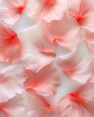 Fototapeta premium Pastel Red Petals Arranged on White Background in Bright Sunlit Setup, Evoking Simple Elegance and Symmetry