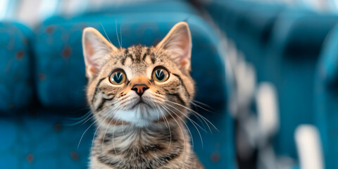 Cat on an airplane seat, ready for travel. Concept of pet travel, animal transportation, and vacations with pets. Suitable for pet travel services, airlines, and animal transportation companies.