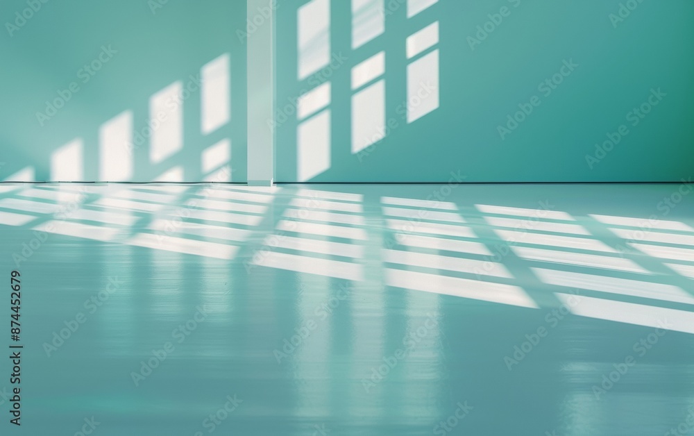 Poster serene showroom ambiance minimalist white floor with intricate shadow patterns cast by light through