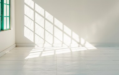 Fototapeta premium Serene Minimalist Interior with Delicate Shadow Play, Bright Natural Light on White Floor, and Green Window Frame in Empty Kitchen Setting