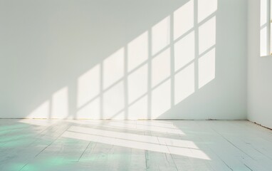 Fototapeta premium Serene Morning in an Empty Kitchen with Delicate Light Patterns Casting Intricate Shadows Over a Smooth White Floor