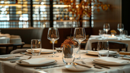 Elegant table settings with minimalist yet chic dÃ©cor, fine glassware, and stylish cutlery, emphasizing the high-end nature of the restaurant. 