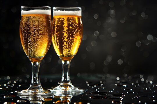 Two Glasses of Sparkling Beer with Foam Against a Bokeh Background