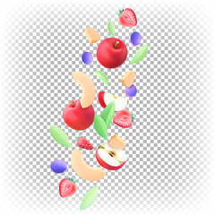 Fruit salad from different flying fruits. Red apples, strawberry halves, peach slices, blue grapes and mint leaves.