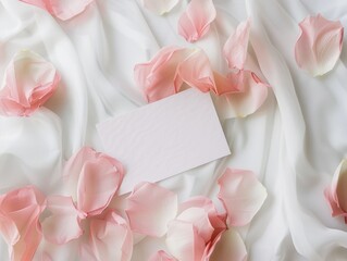 Elegant Pastel Pink and Grey Petal Arrangement with Central Blank Card on White Fabric for Branding and Promotions