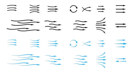 Wind or air flow arrows set. Air conditioner direction. Isolated on transparent background.