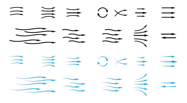 Wind or air flow arrows set. Air conditioner direction. Isolated on transparent background.