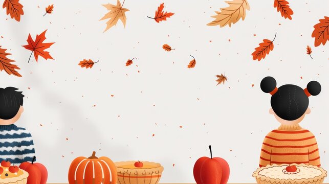 Classroom picnic with autumn foods, featuring pumpkins, apples, and pies, children in cozy sweaters, colorful leaves falling