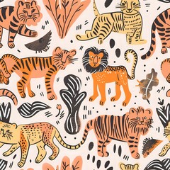 Obraz premium Adorable Wild Cat Illustration with Abstract Background
