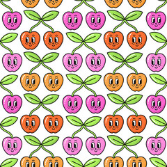 Seamless pattern of retro 90s groovy style elements. Cherry berries with leaves, eyes and smiles background. EPS 10 vector illustration.