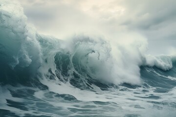 Obraz premium The majestic power of the dynamic ocean wave crashing against the turbulent aquatic environment, creating a grand and dramatic display of nature's force and energy