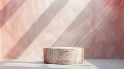 Serene Minimalist Wooden Podium with Delicate Pastel Red Spotlight Effect on Textured Background