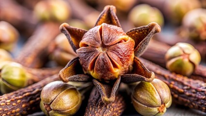 Fototapeta premium Dried clove flower bud with visible stamen and petals