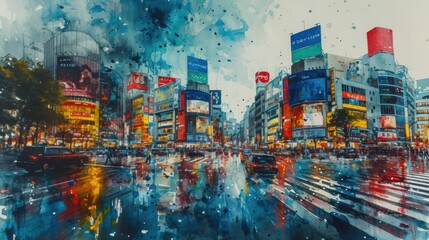 Fototapeta premium Shibuya crossing, Tokyo Japan watercolor style