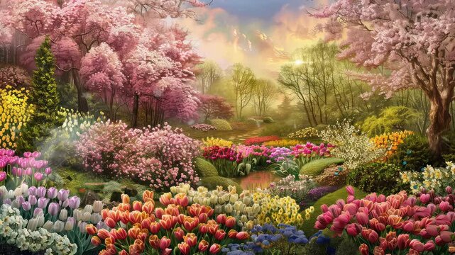 Animation Vibrant flower garden with colorful blooming tulips generated with ai