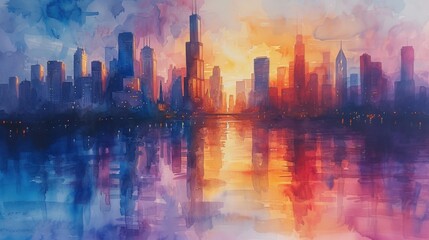 Obraz premium River flowing through a city, with skyscrapers reflecting in the water