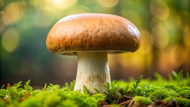 Close-up of a large brown mushroom with a white stem growing in a forest.