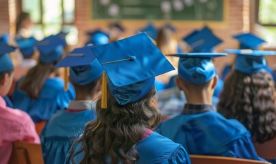 close-up of students in blue caps and gowns sitting in a classroom during graduation ceremony, capturing high definition details of academic celebration and joyful achievement