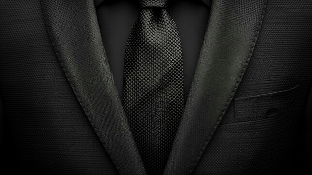 Close Up of a Black Suit Jacket With a Textured Black Tie - Powered by Adobe