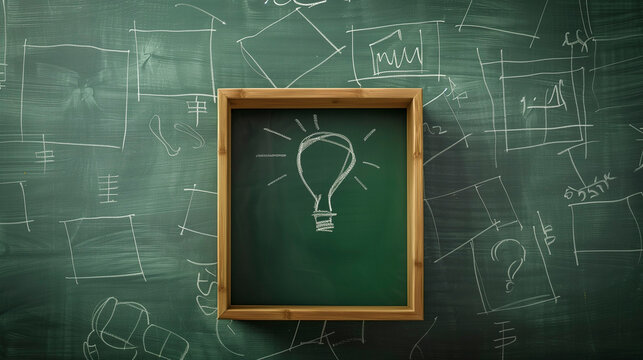 Chalkboard Drawing of a Light Bulb Inside a Wooden Frame
