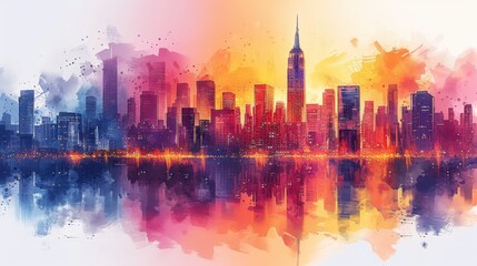 City scene showing the contrast between modern skyscrapers watercolor style