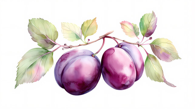 Watercolor illustration of ripe plums with green leaves, featuring vibrant colors and detailed brushwork on a white background.