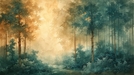 Serene forest landscape in watercolor