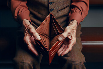 Closeup aged hands holding empty, worn-out leather wallet, aging financial struggle