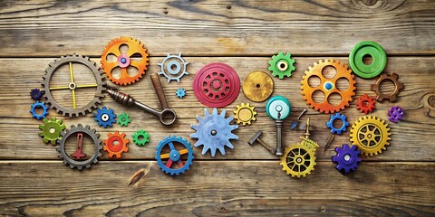 Colorful creative arrangement of repurposed everyday objects transformed into stylish icons, including old keys, gears, and watch parts, on a rustic wooden background.