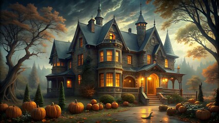 Obraz premium Mysterious Victorian Mansion with Pumpkins in Autumn