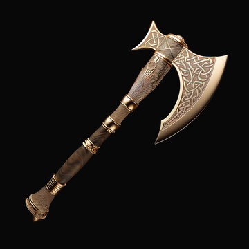 Golden battle axe with intricate runes and carvings