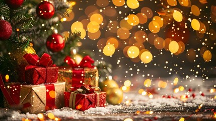 Festive Christmas scene with gifts and bokeh lights, featuring snow and decorations, capturing the holiday spirit.