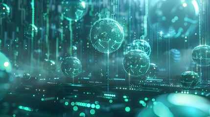 Naklejka premium Futuristic digital landscape with floating holographic spheres and intricate circuits in a teal color scheme, representing advanced technology.