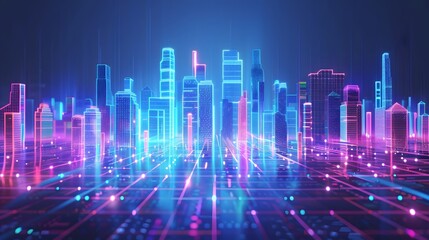 Futuristic cityscape with neon lights and digital grid, representing technology and innovation in an urban environment.