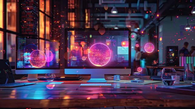 Digital workspace with floating holograms and light trails