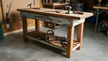 wooden workbench with a distressed finish and a set of rusty metal tools. 