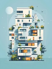 Modern architectural building with geometric design, surrounded by greenery and birds, against a pastel blue sky.