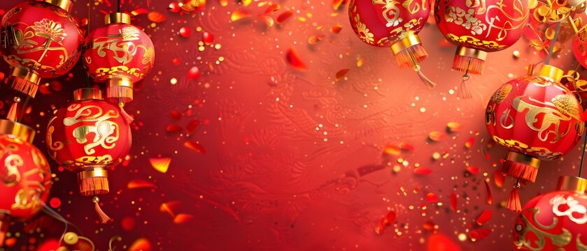 Vibrant Chinese lanterns and festive decorations on a red background, celebrating culture and tradition with elegance and color.