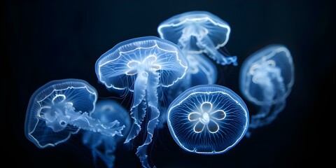 Jellyfish group in water with blue lights against black background. Concept Underwater Photography, Jellyfish, Blue Lights, Black Background