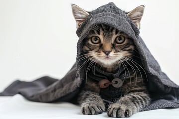 Happy cat wearing Knight costumes, studio lighting, isolated on white background, stock photographic style