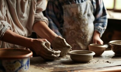 detailed close-up of two people crafting clay pots with traditional pottery tools in an art studio, capturing the creativity, skill, and warmth of the artistic atmosphere in high resolution