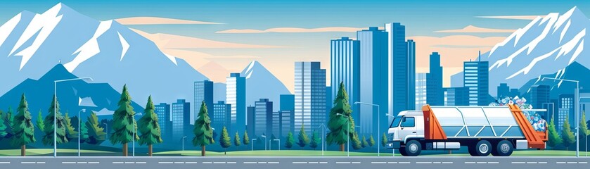 Naklejka premium Vector illustration of a recycling center in a city with a garbage truck, trees, and a backdrop of mountains and skyscrapers