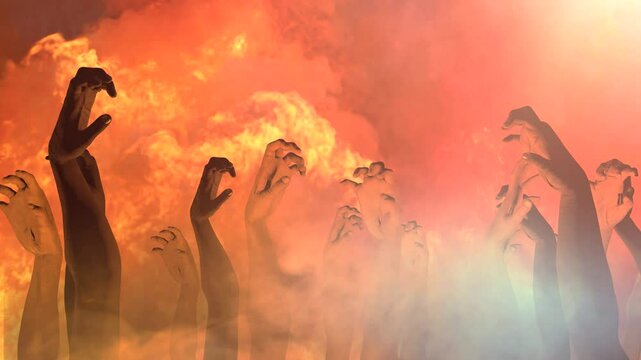 hands of people in hell fire flame  background render 3d 