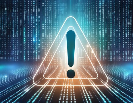 Attention symbol made with binary code. Danger Sign. Virus Alert. Digital binary data and streaming digital code background. Computer Hacked Error Concept