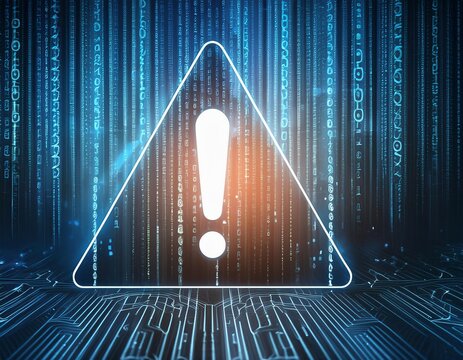Attention symbol made with binary code. Danger Sign. Virus Alert. Digital binary data and streaming digital code background. Computer Hacked Error Concept