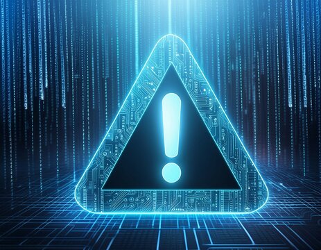 Attention symbol made with binary code. Danger Sign. Virus Alert. Digital binary data and streaming digital code background. Computer Hacked Error Concept