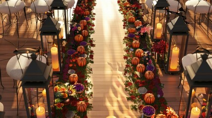 Halloween wedding aisle decorations, flat design, top view, 3D render, Triadic color scheme, stylish and festive aisle setup